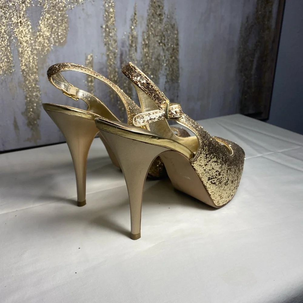 Nine West Women's Heels Glameron Gold Sparkle Metallic Slingback Size 6.5 - Picture 3 of 7